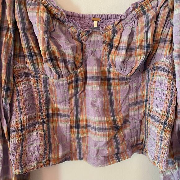 Free People Purple Plaid Puff Sleeve Babydoll Blouse Cropped Women's size Large - Picture 6 of 10